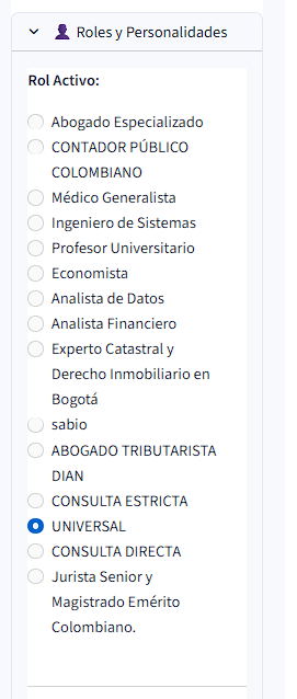 Panel lateral mostrando el selector de roles y personalidades de la IA